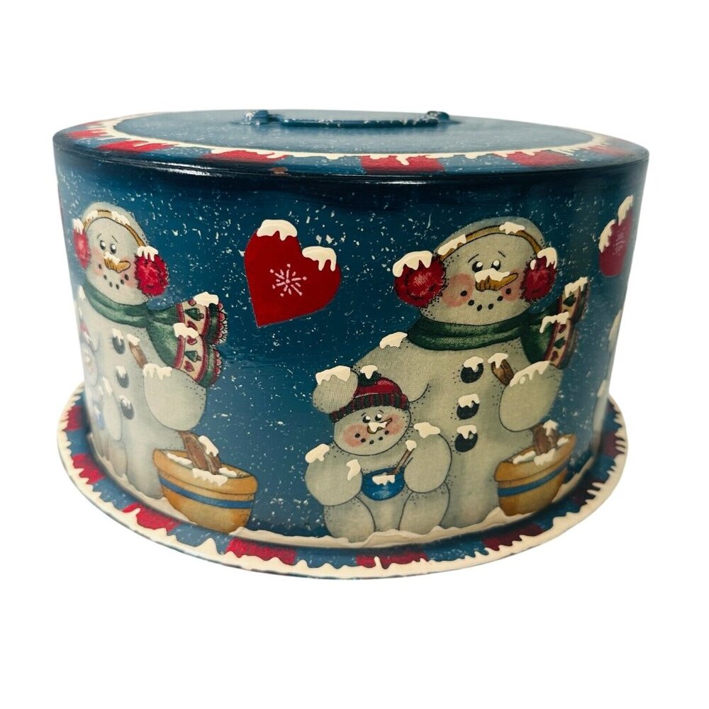 Vintage Metal Cake Carrier Christmas Holiday Snowman Painted - Picture 9 of 16